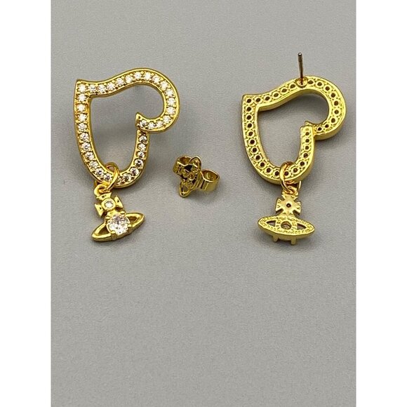 Vivienne Westwood Gold Pave Heart Earrings W/ CZ Orb & Dust Bag - Picture 5 of 5